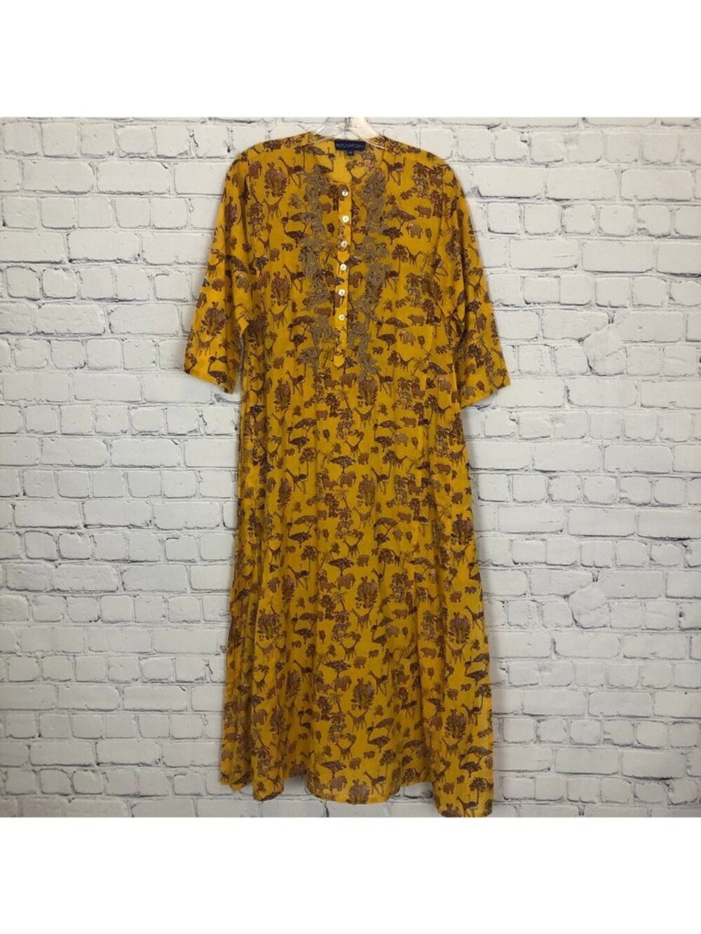 Ro's Garden Yellow Kaftan Kurta Tunic Dress Size XS Animal Safari Print